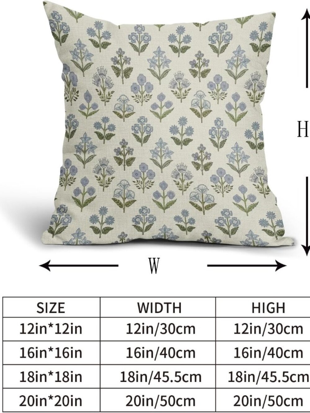 Blue Green Block Print Pillow Covers 18x18 Inch Set of 2, Vintage Floral Spring - Picture 3 of 8